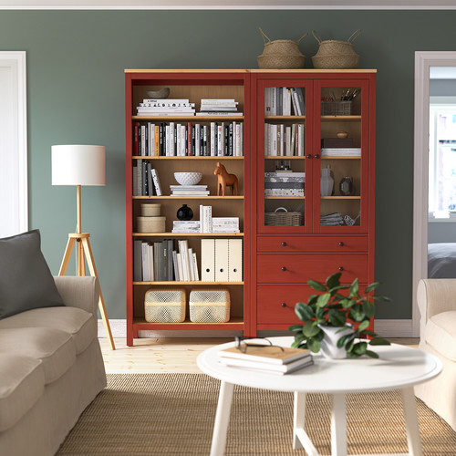HEMNES Storage combination w doors/drawers, red stained/light brown stained, 180x197 cm