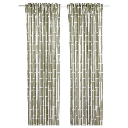 SKOGSSTJÄRNA Curtains, 1 pair, grey-green/white, 145x300 cm