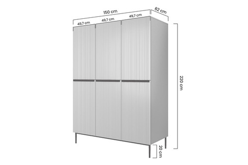 Wardrobe Nicole with Drawer Unit 150 cm, matt white, gold handles and legs