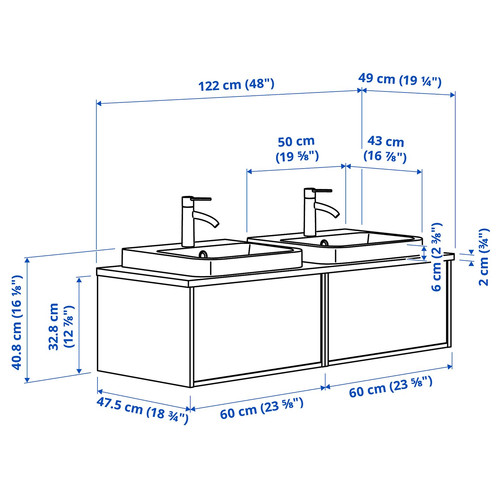 ÄNGSJÖN / BACKSJÖN Wash-stand/wash-basin/taps, oak effect/grey stone effect, 122x49x41 cm