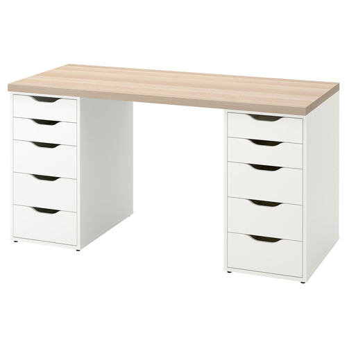 LAGKAPTEN / ALEX Desk, white stained oak effect/white, 140x60 cm