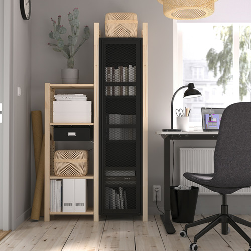 IVAR 2 sections/shelves/cabinet, pine/black mesh, 92x30x179 cm