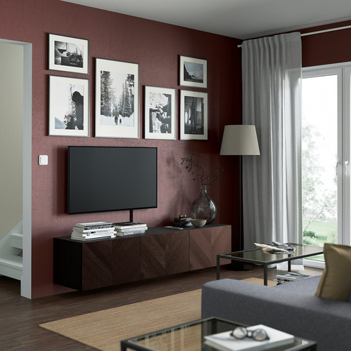 BESTÅ TV bench with doors, black-brown Hedeviken/dark brown oak veneer, 180x42x38 cm