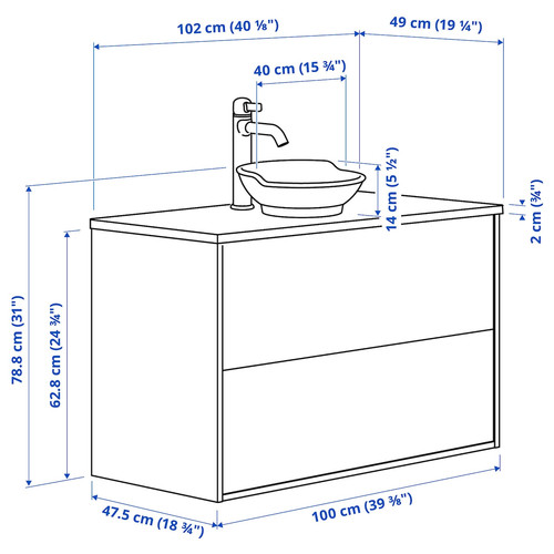 TÄNNFORSEN/VÄSTERSJÖN Wash-stnd w drawers/wash-basin/tap, light grey/white marble effect, 102x49x79 cm