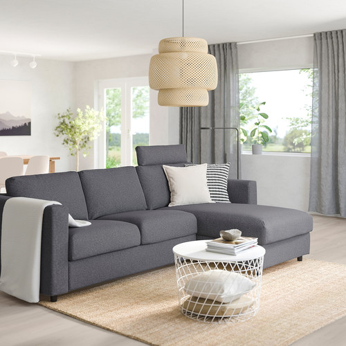 VIMLE 3-seat sofa with chaise longue, with headrest/Gunnared medium grey