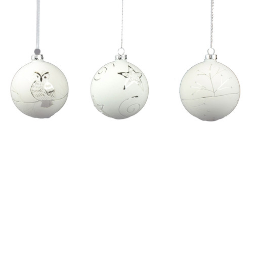 Christmas Glass Bauble 8cm, white/silver, 1pc, assorted patterns