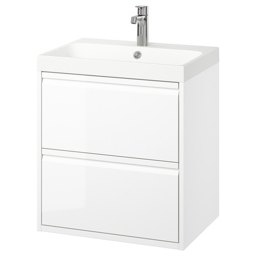 ÄNGSJÖN / BACKSJÖN Wash-stnd w drawers/wash-basin/tap, high-gloss white, 60x48x69 cm