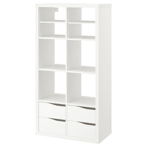 KALLAX Shelving unit, with 4 drawers with 2 shelf inserts/wave shaped white, 147x77 cm