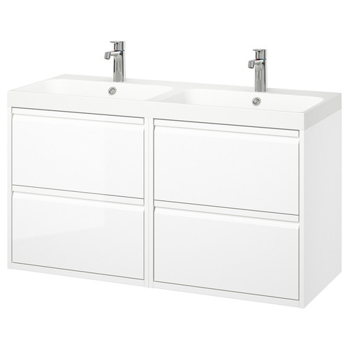 ÄNGSJÖN / BACKSJÖN Wash-stand/wash-basin/taps, high-gloss white, 122x49x69 cm