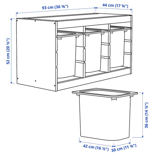 TROFAST Storage combination with boxes, light white stained pine/white, 93x44x52 cm