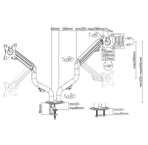 Gembird Adjustable Desk 2-display Mounting Arm, tilting, 17-32" 8kg