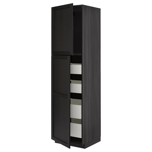 METOD / MAXIMERA Hi cab w 2 doors/4 drawers, black/Lerhyttan black stained, 60x60x220 cm