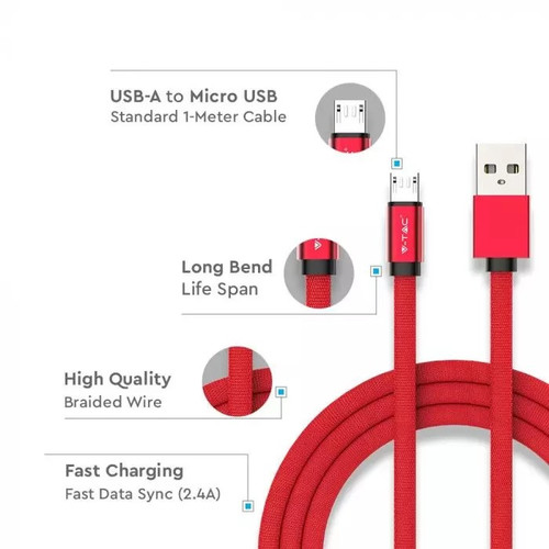 V-TAC Cable microUSB M 1 2.4A, red