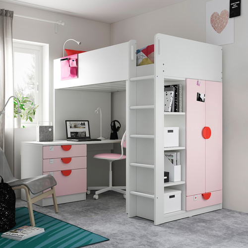 SMÅSTAD Loft bed, white pale pink/with desk with 4 drawers, 90x200 cm