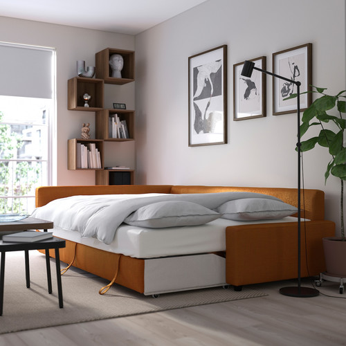 FRIHETEN Corner sofa-bed with storage, Faringe brown-orange