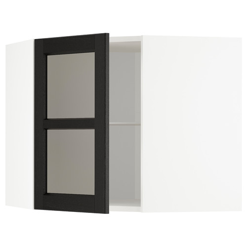 METOD Corner wall cab w shelves/glass dr, white/Lerhyttan black stained, 67.5x67.5x60 cm