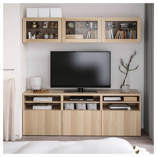 BESTÅ TV storage combination/glass doors, white stained oak effect/Lappviken white stained oak eff clear glass, 180x42x192 cm