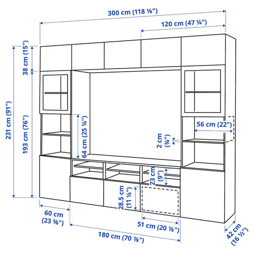 BESTÅ TV storage combination/glass doors, black-brown/Selsviken high-gloss/black smoked glass, 300x42x231 cm