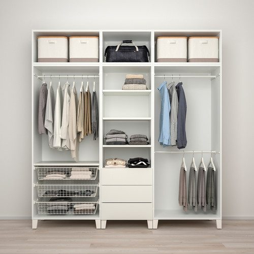 PLATSA Wardrobe with 10 doors + 3 drawers, white STRAUMEN mirror glass /SANNIDAL white, 220x57x231 cm