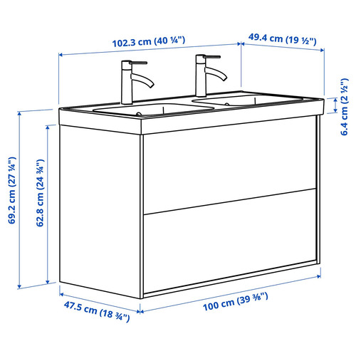 HAVBÄCK / ORRSJÖN Wash-stnd w drawers/wash-basin/taps, dark grey, 102x49x69 cm