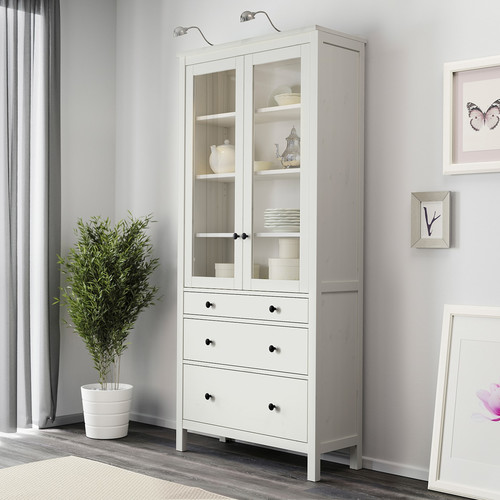 HEMNES Glass-door cabinet with 3 drawers, white stain, 90x197 cm