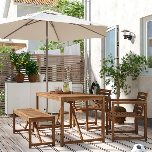 NÄMMARÖ Table+2 chairs+ bench, outdoor, light brown stained, 140 cm