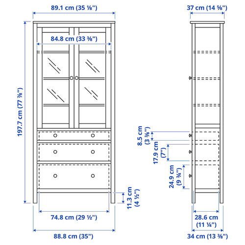 HEMNES Glass-door cabinet with 3 drawers, black-brown, 90x197 cm