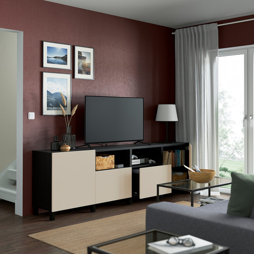 BESTÅ TV bench with doors and drawers, black-brown/Lappviken/Stubbarp light grey/beige, 240x42x74 cm