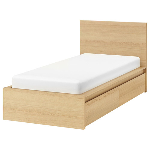 MALM Bed frame, high, w 2 storage boxes, white stained oak, Luröy, 90x200 cm