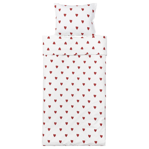 BARNDRÖM Duvet cover and pillowcase, heart pattern/white red