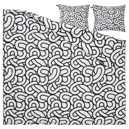 SÖTRÖNN Duvet cover and 2 pillowcases, white/black/patterned, 200x200/50x60 cm