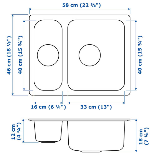 HILLESJÖN Inset sink 1 1/2 bowl, stainless steel, 58x46 cm