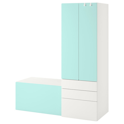 SMÅSTAD / PLATSA Storage combination, white pale turquoise/with bench, 150x57x181 cm