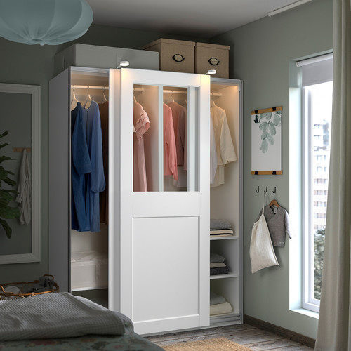 PAX / GRIMO Wardrobe with sliding doors, white/clear glass white, 150x66x201 cm