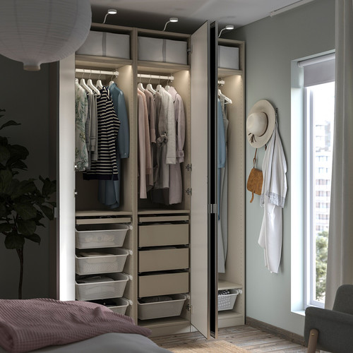 PAX / ÅHEIM Wardrobe combination, grey-beige/mirror glass, 150x60x236 cm