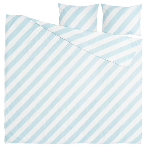 SLÖJSILJA Duvet cover and 2 pillowcases, light blue/white/stripe, 200x200/50x60 cm