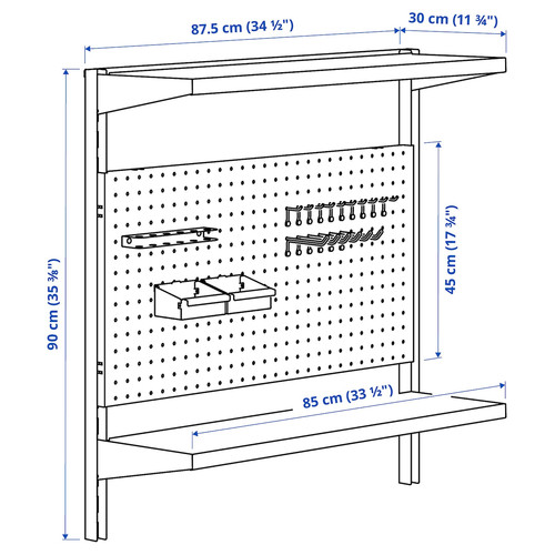 BROR Wall shelf combination, with pegboard/2 shelves/black, 88x30x90 cm