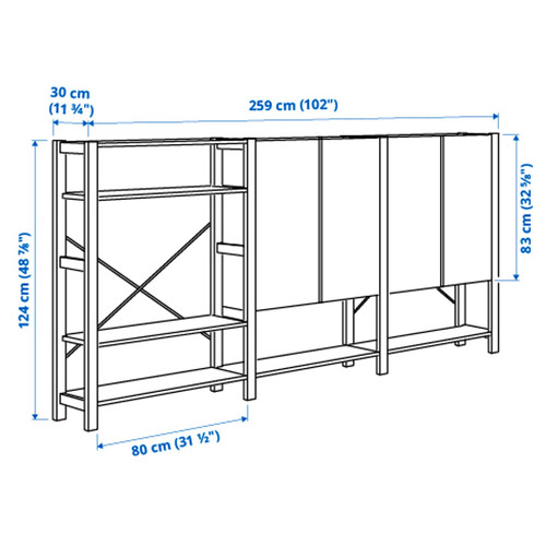 IVAR 3 sections/shelves/cabinet, pine, 259x30x124 cm