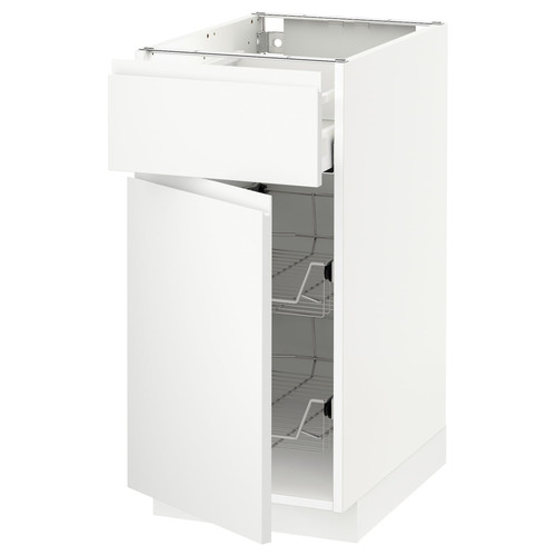 METOD / MAXIMERA Base cab w wire basket/drawer/door, white/Voxtorp matt white, 40x60 cm