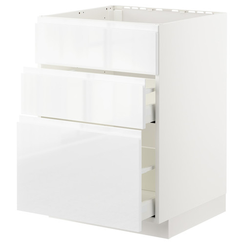 METOD / MAXIMERA Base cab f sink+3 fronts/2 drawers, white, Voxtorp high-gloss/white, 60x60 cm