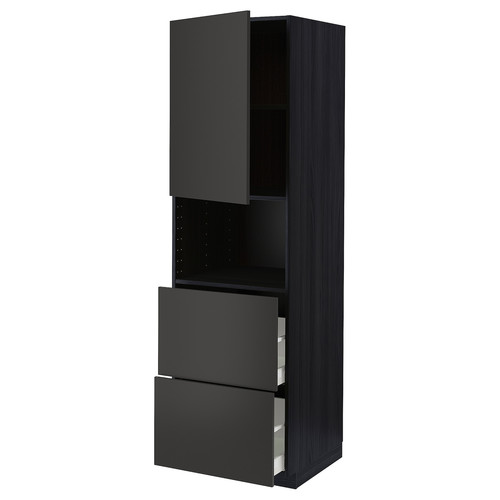 METOD / MAXIMERA Hi cab f micro w door/2 drawers, black/Nickebo matt anthracite, 60x60x200 cm