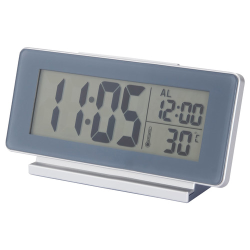 FILMIS Clock/thermometer/alarm, low-voltage/grey, 16.5x9 cm