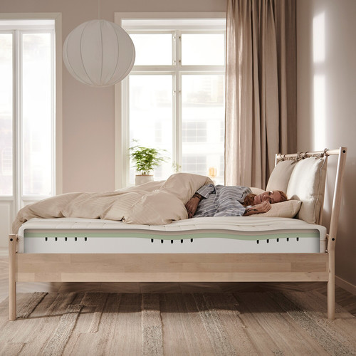 HEMNES Bed frame with mattress, grey stain/Åkrehamn firm, 140x200 cm