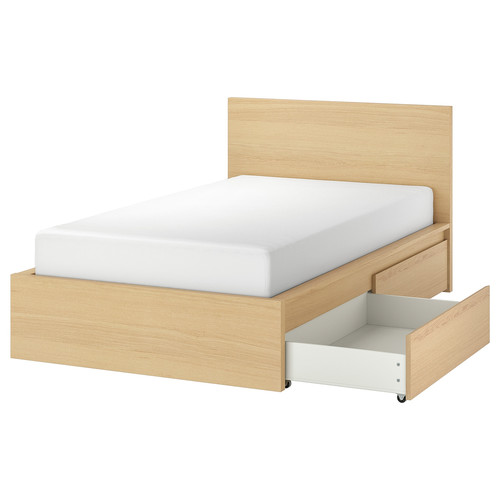 MALM Bed frame, high, w 2 storage boxes, white stained oak veneer/Lönset, 120x200 cm