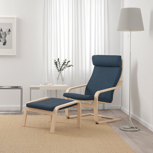 POÄNG Armchair, white stained oak veneer, Hillared dark blue