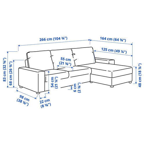 VIMLE 3-seat sofa with chaise longue, with wide armrests/Hallarp grey