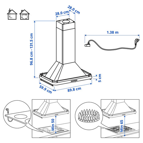 OMNEJD Ceiling-mounted extractor hood, stainless steel, 90 cm