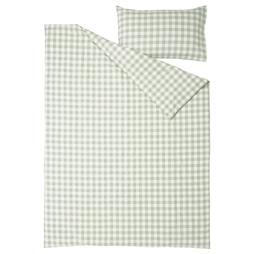 EKTANDVINGE Duvet cover and pillowcase, pale grey-green white/check, 150x200/50x60 cm