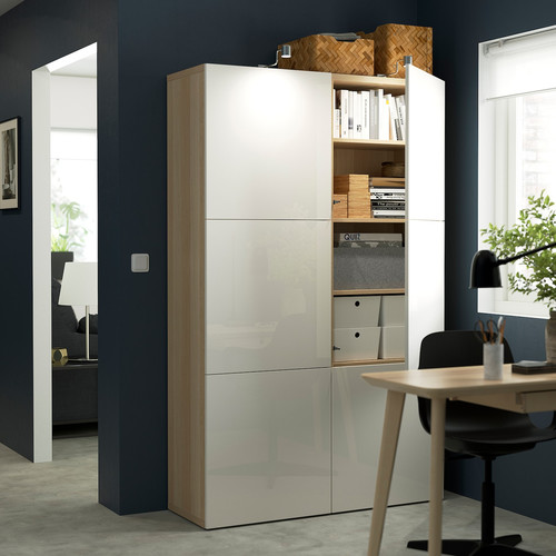 BESTÅ Storage combination with doors, white stained oak effect, Selsviken high-gloss white, 120x40x192 cm