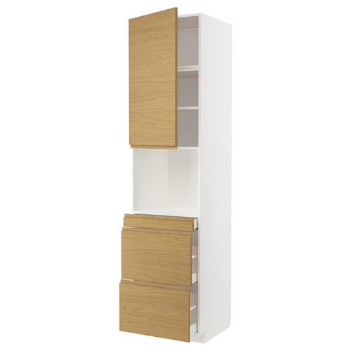 METOD / MAXIMERA Hi cab f micro combi w door/3 drwrs, white/Voxtorp oak effect, 60x60x240 cm